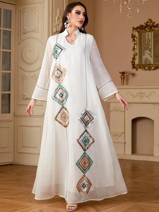 Sequined Eid Mubarak Long Sleeve Abaya Dress - Elegant Kaftan for Ramadan & Special Occasions