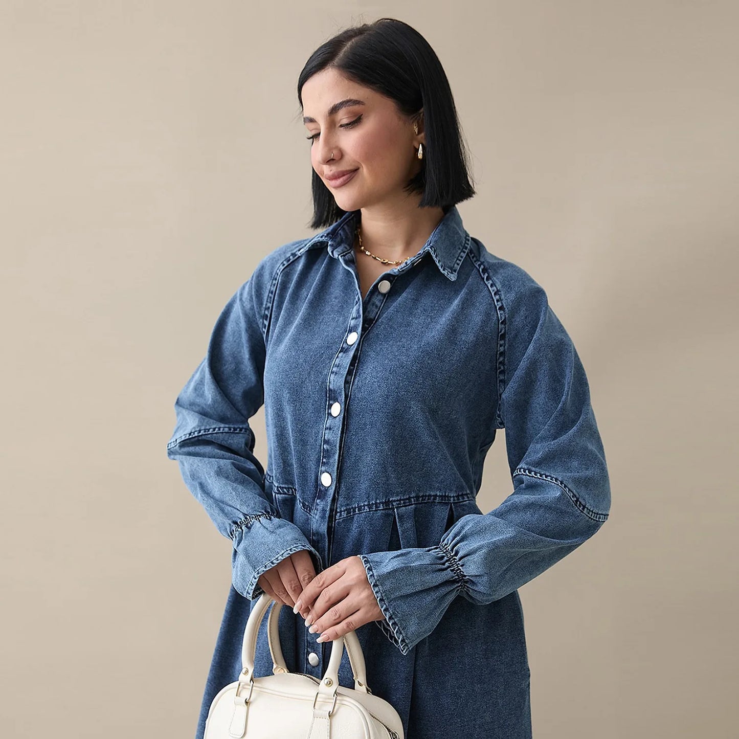 Denim Maxi Abaya Dress - Single Breasted Long Sleeve Muslim Dress for Women