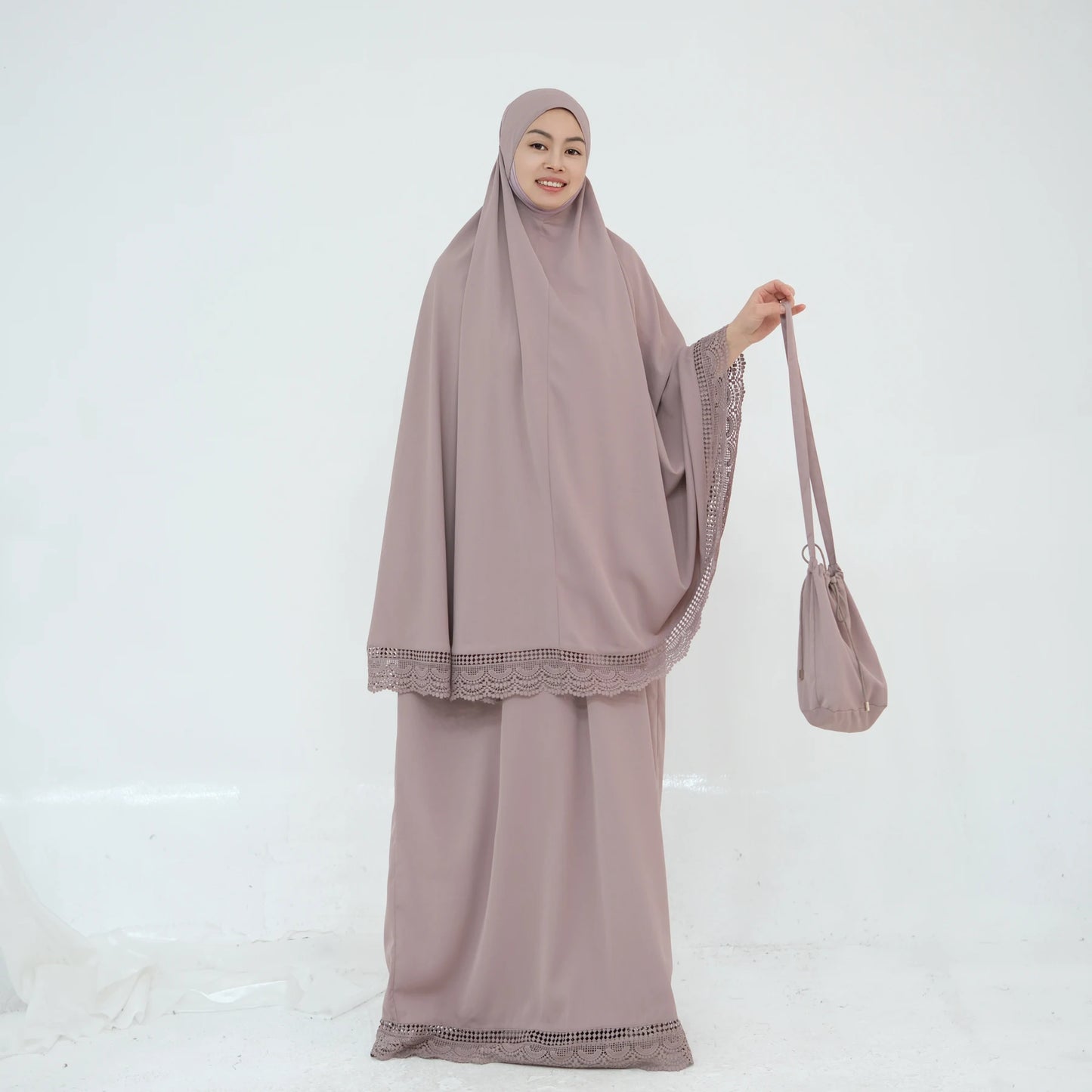 4-Piece Lace Trim Prayer Set - Complete Hijabi Salah Set with Khimar, Skirt, Rug & Pouch | Ramadan
