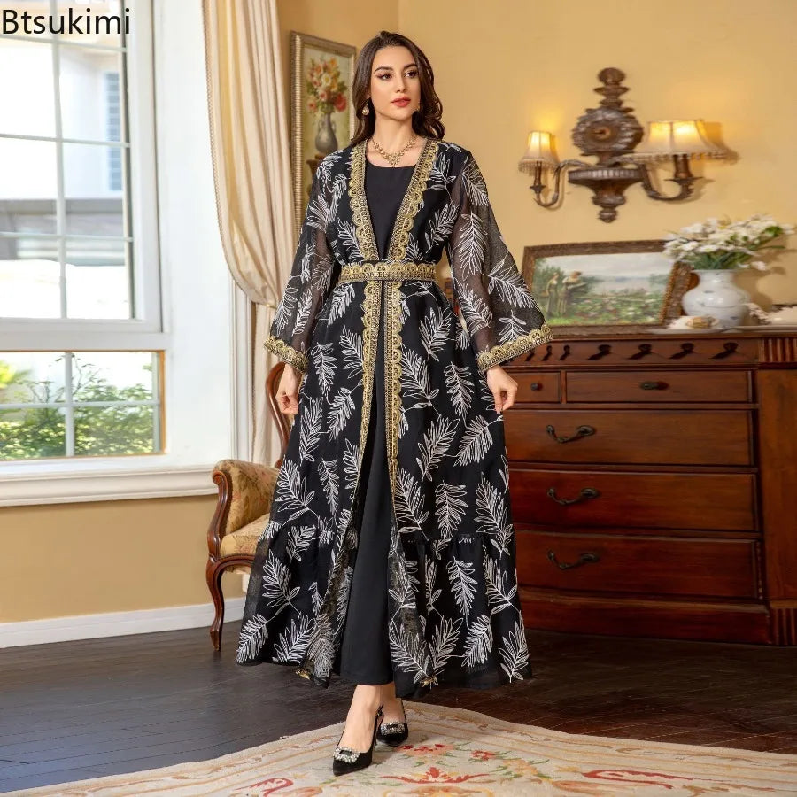 2-Piece Mesh Embroidered Muslim Set - Elegant Kaftan Robe Outfit for Women | Summer 2026