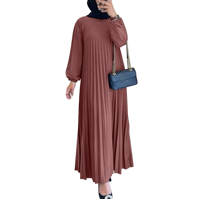 Pleated Maxi Dress - Elegant Long Sleeve Abaya