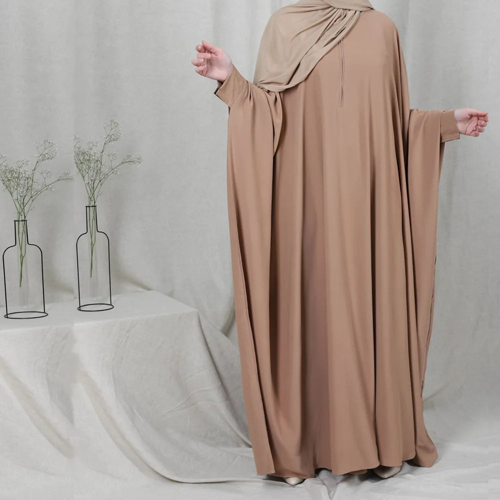 Muslim Women's Zipper Front Abaya - Modest Prayer Dress with Bat Sleeves