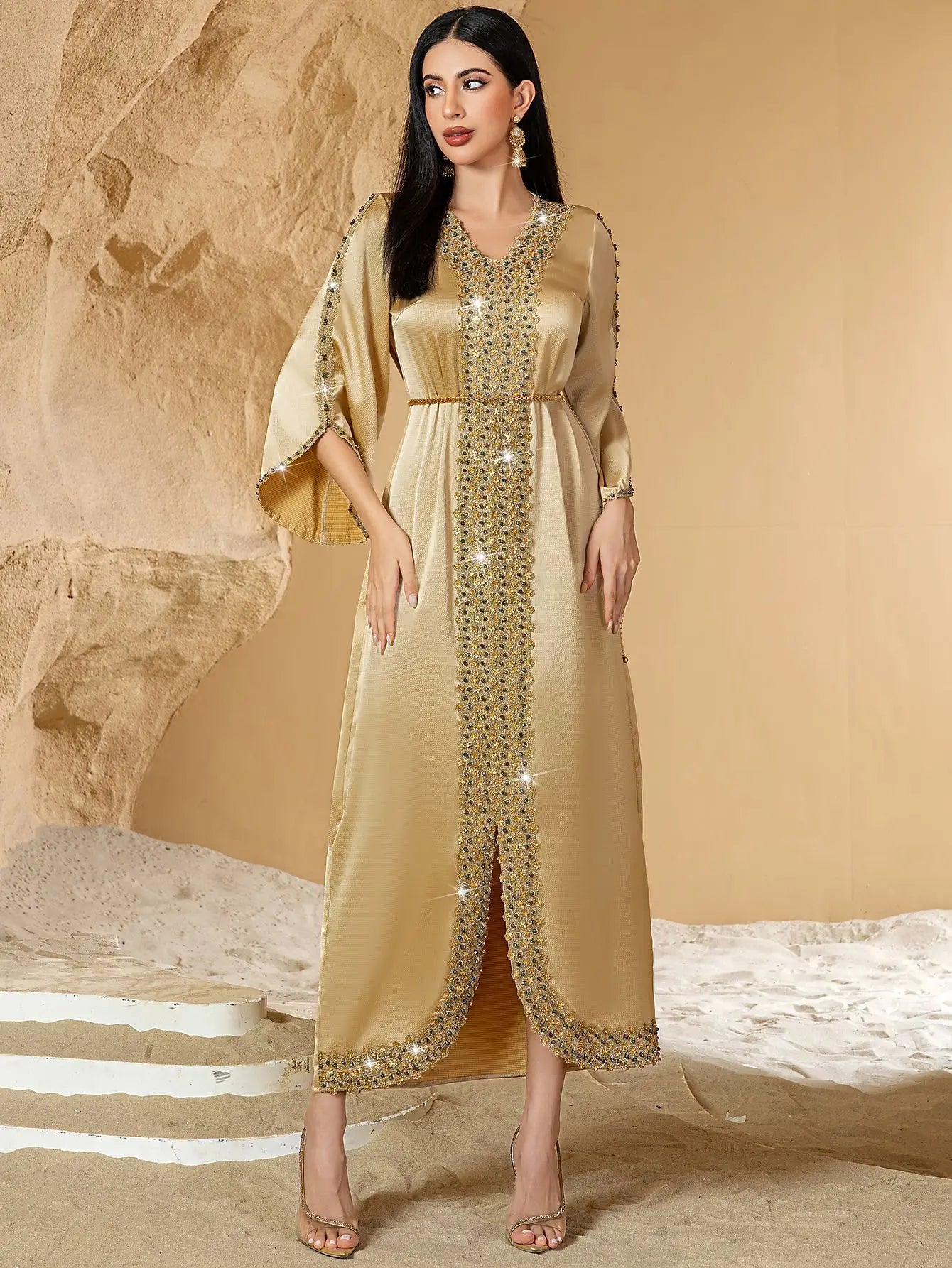 Lace & Diamond Embellished Party Abaya - Elegant Long Robe