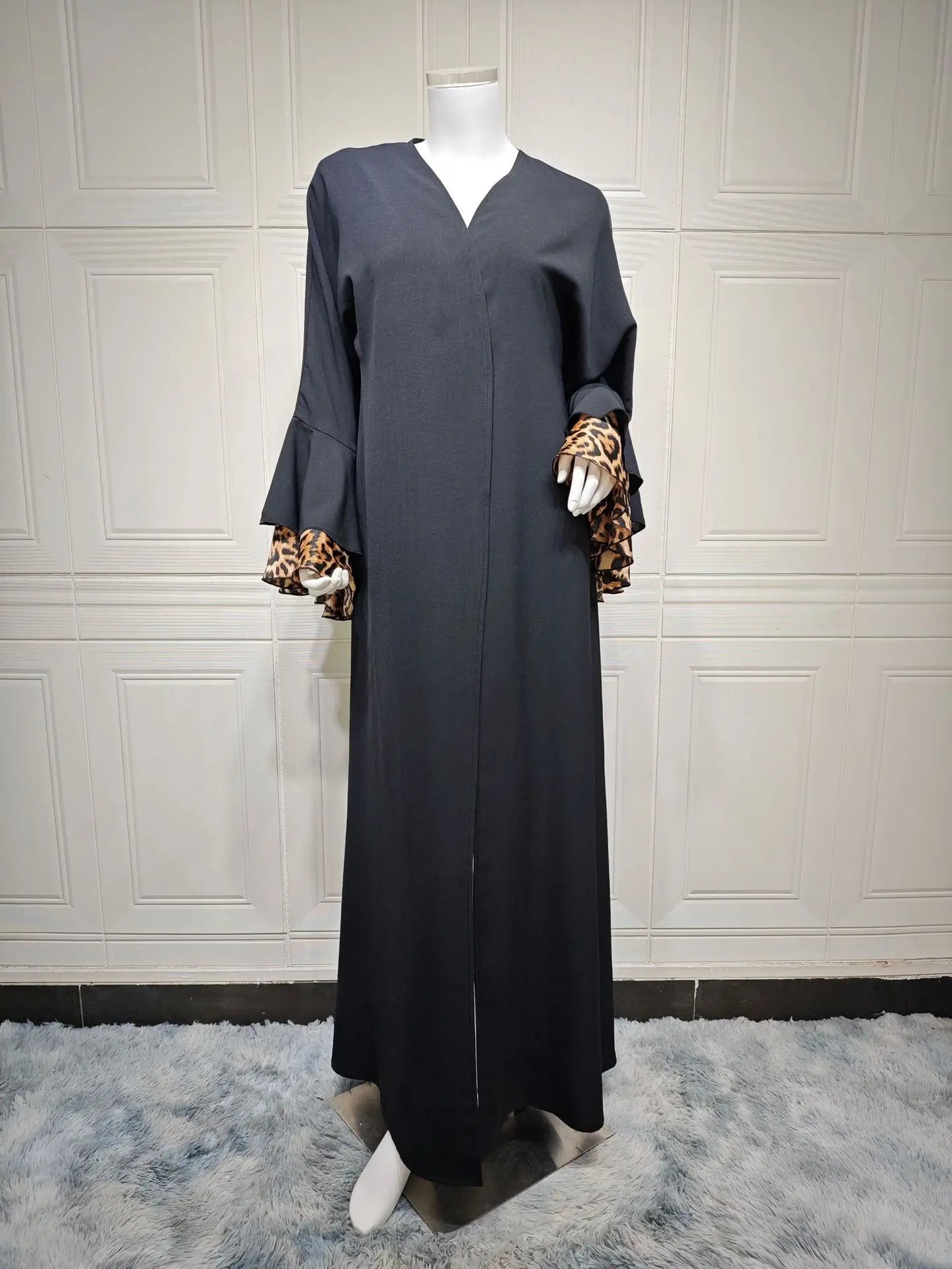 Black Open-Front Abaya with Leopard Print Bell Sleeves