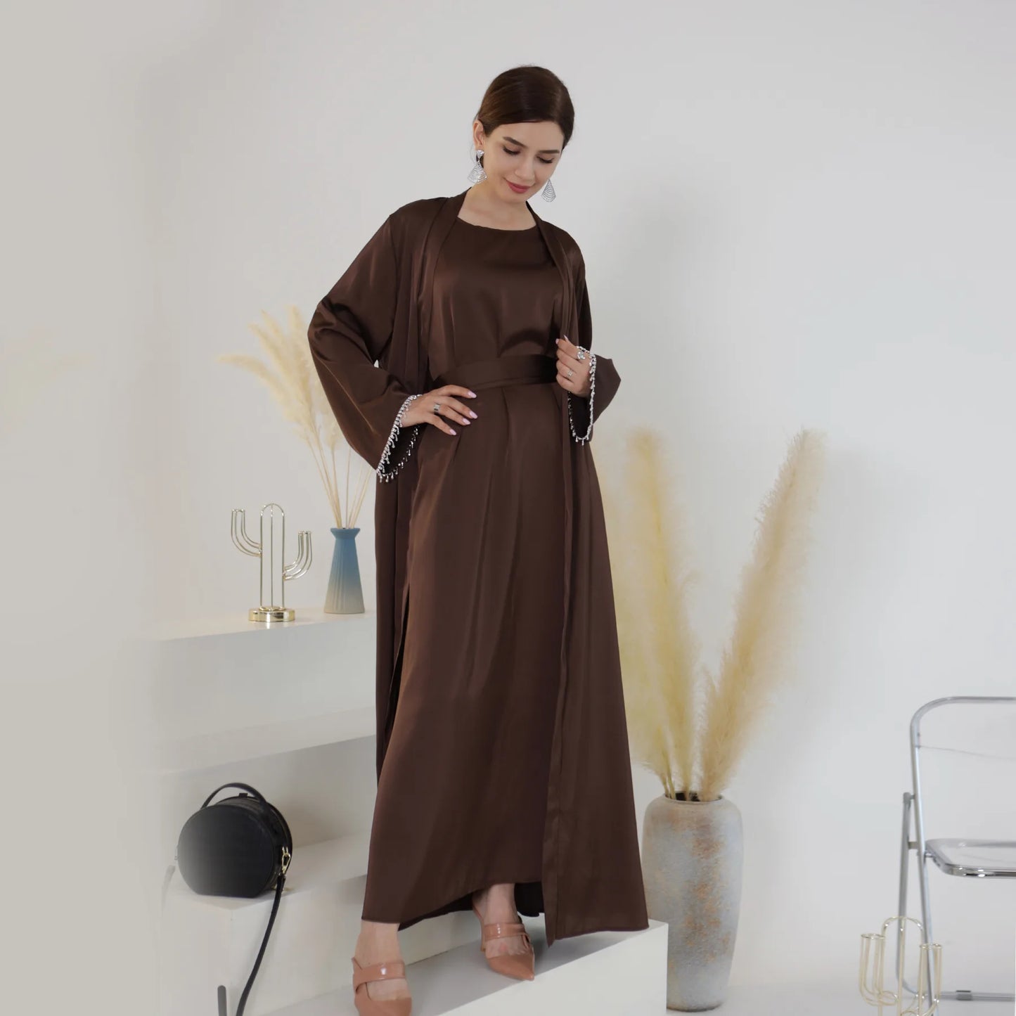 Nida 3-Piece Set with Crystal Chain - Elegant Evening Abaya