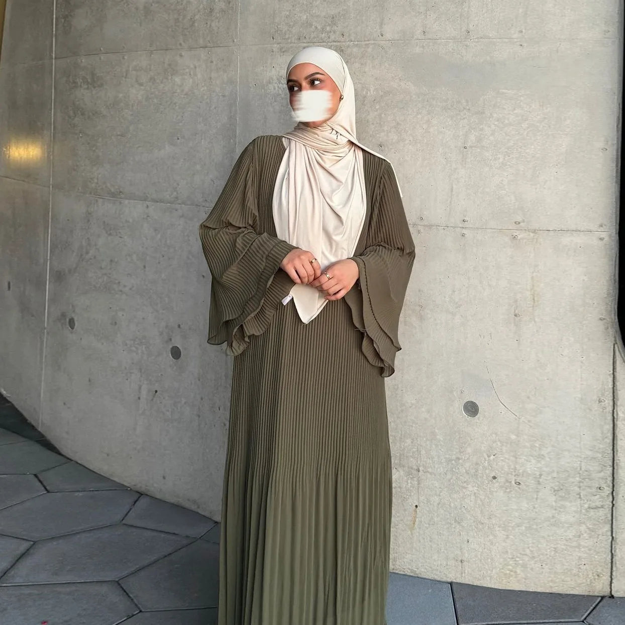 AyLosi Chiffon Pleated Flare Sleeve Muslim Dress - Elegant Kimono Abaya for Women | Eid Ramadan