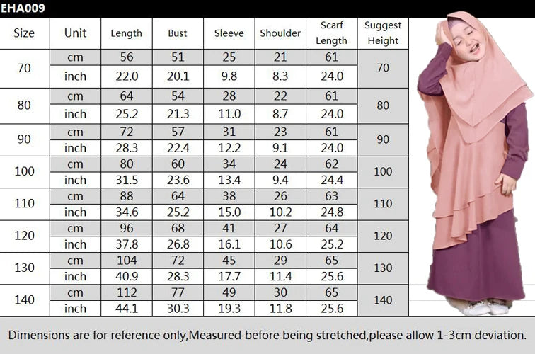 Muslim Girls Prayer Dress Set - 2-Piece Hijab Abaya with Headscarf for Children