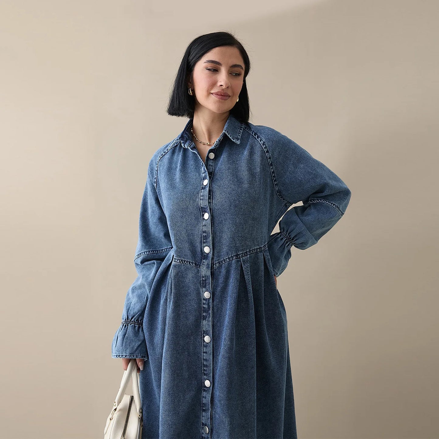 Denim Maxi Abaya Dress - Single Breasted Long Sleeve Muslim Dress for Women