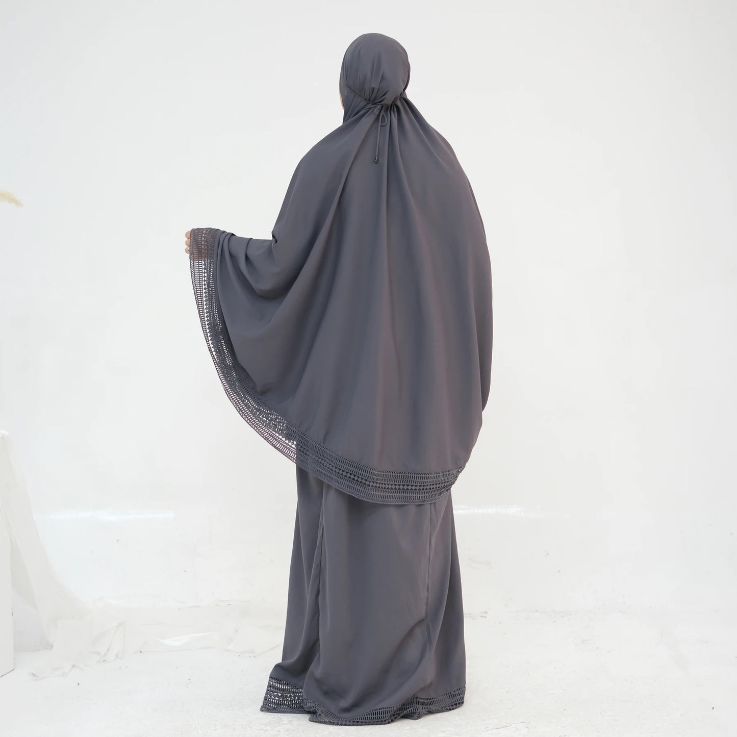 4-Piece Lace Trim Prayer Set - Complete Hijabi Salah Set with Khimar, Skirt, Rug & Pouch | Ramadan