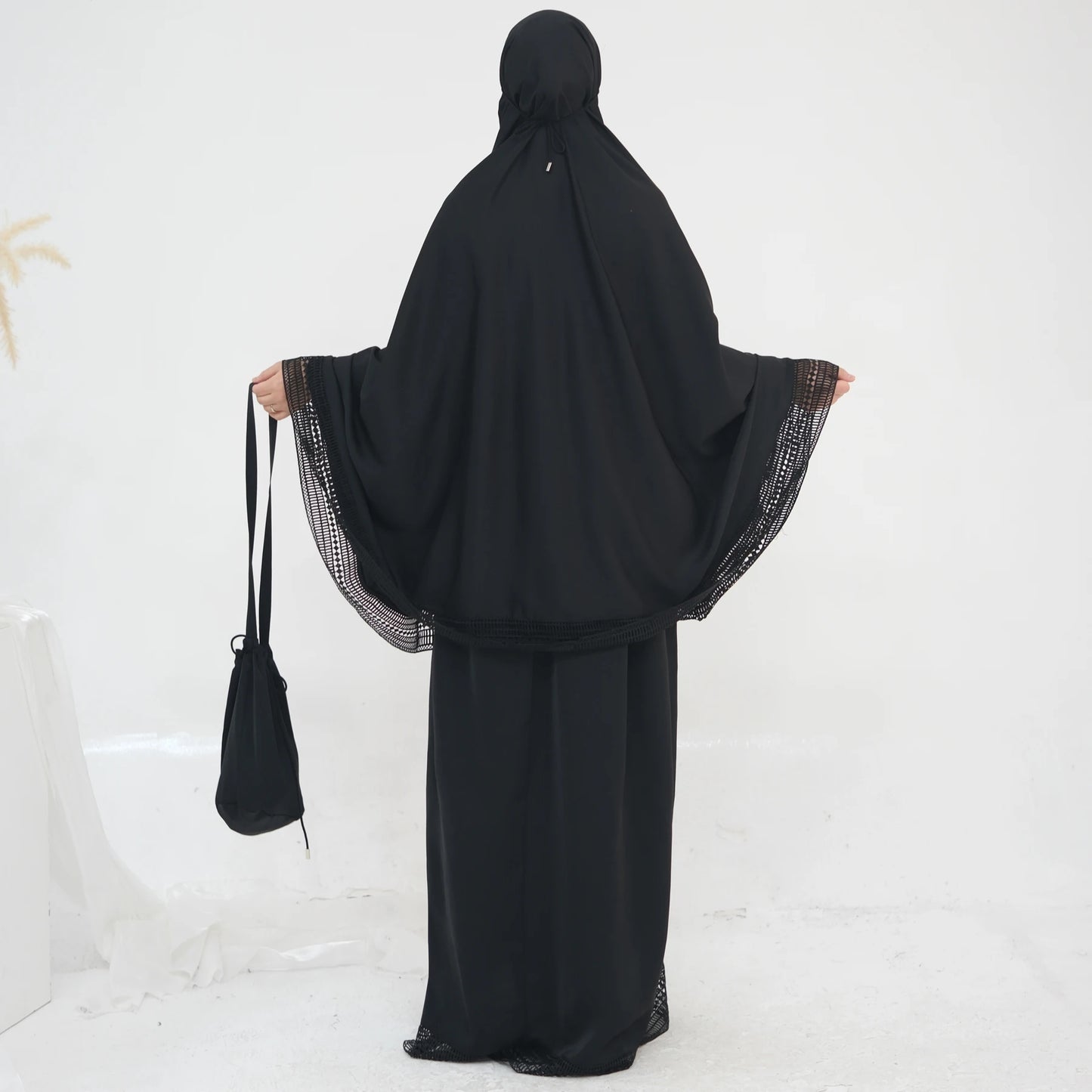 4-Piece Lace Trim Prayer Set - Complete Hijabi Salah Set with Khimar, Skirt, Rug & Pouch | Ramadan