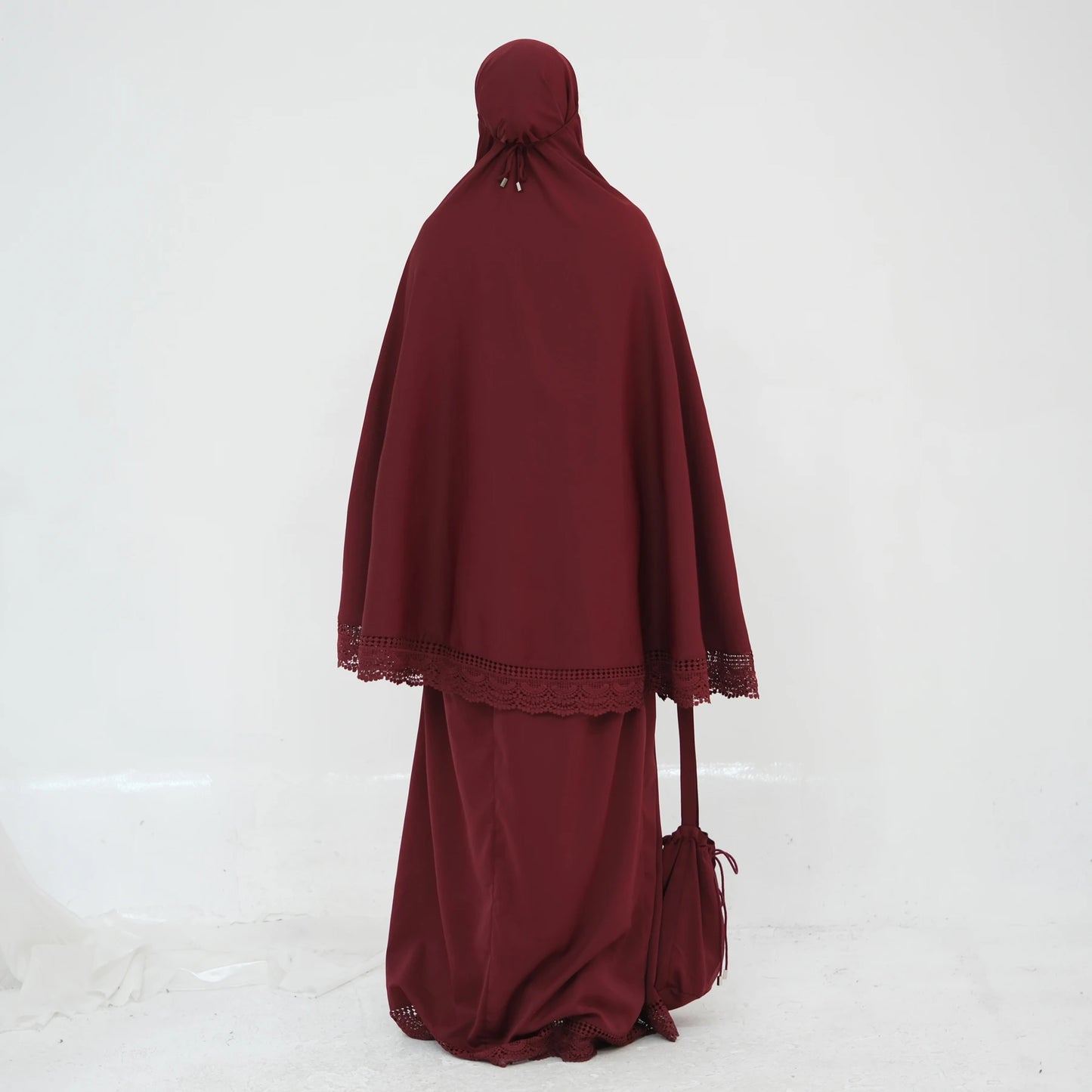 4-Piece Lace Trim Prayer Set - Complete Hijabi Salah Set with Khimar, Skirt, Rug & Pouch | Ramadan