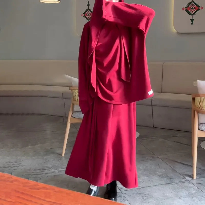 2-Piece Prayer Set with Drawstring Folds - Khimar & Skirt