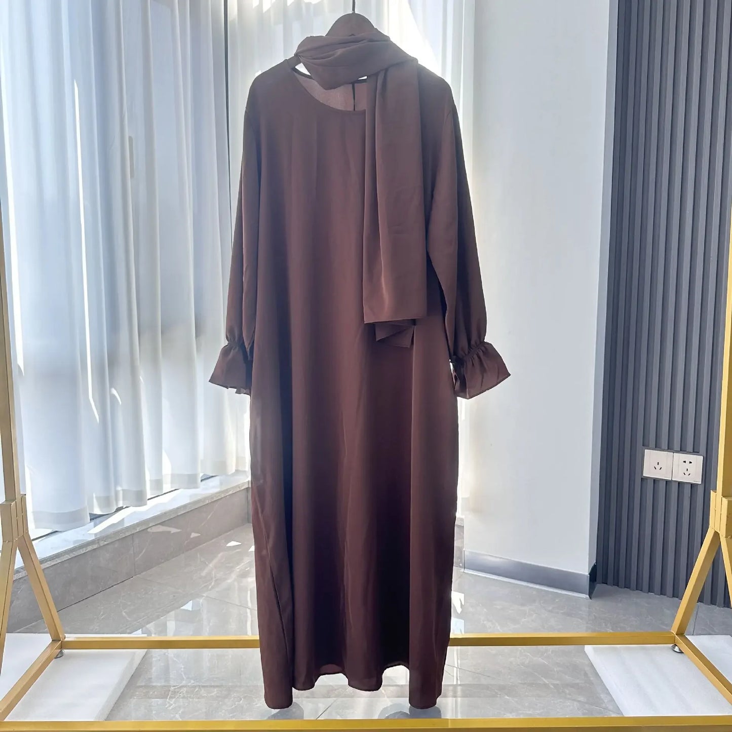 Muslim Modest Abaya Dress with Headscarf - Flare Sleeve Prayer Robe