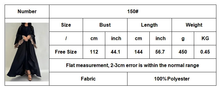 Black Open-Front Abaya with Leopard Print Bell Sleeves