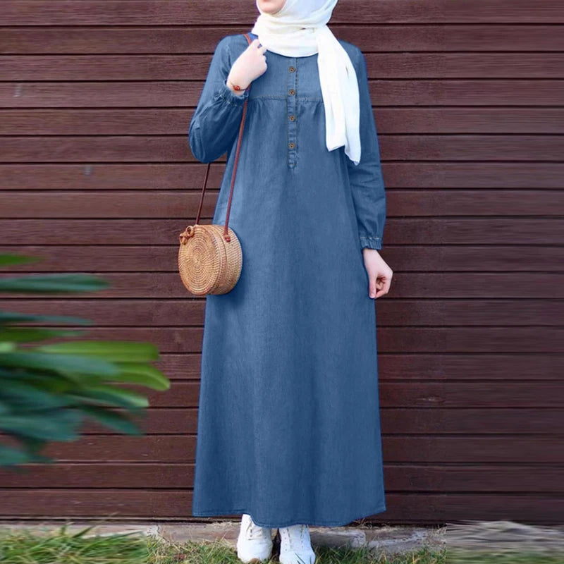 Denim Blue Long Sleeve Abaya - Loose Casual Maxi Dress