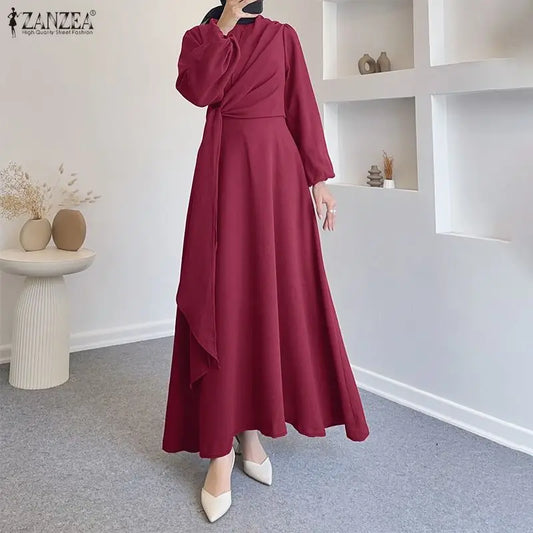 ZANZEA Lace-Up Muslim Dress - Elegant Long Sleeve Abaya for Women | Spring Ramadan 2026