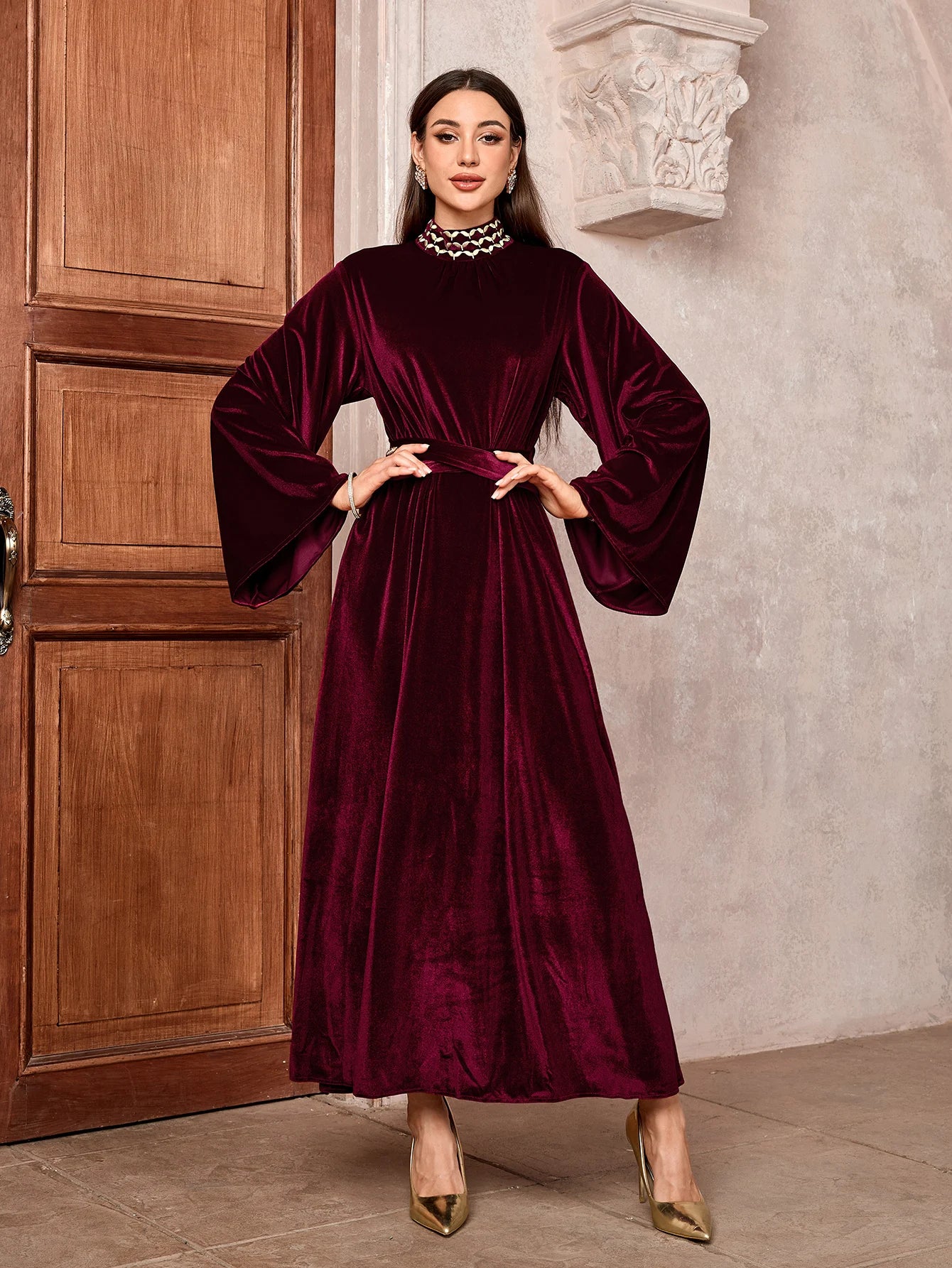 Luxury Velvet Dress with Belt - Embroidered Party Abaya