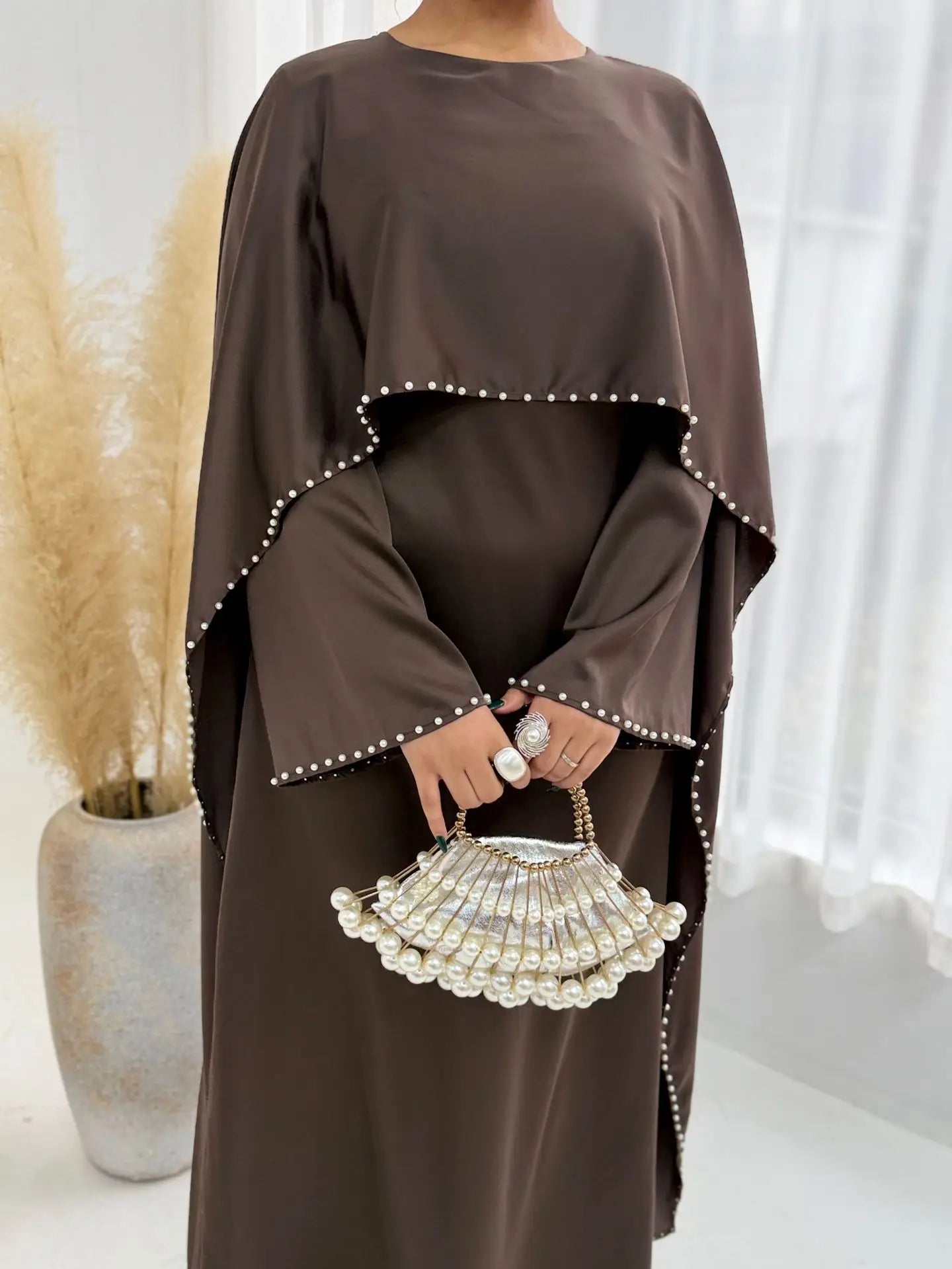 Elegant Beaded Muslim Party Dress - Long Sleeve Abaya Jalabiya for Eid & Ramadan