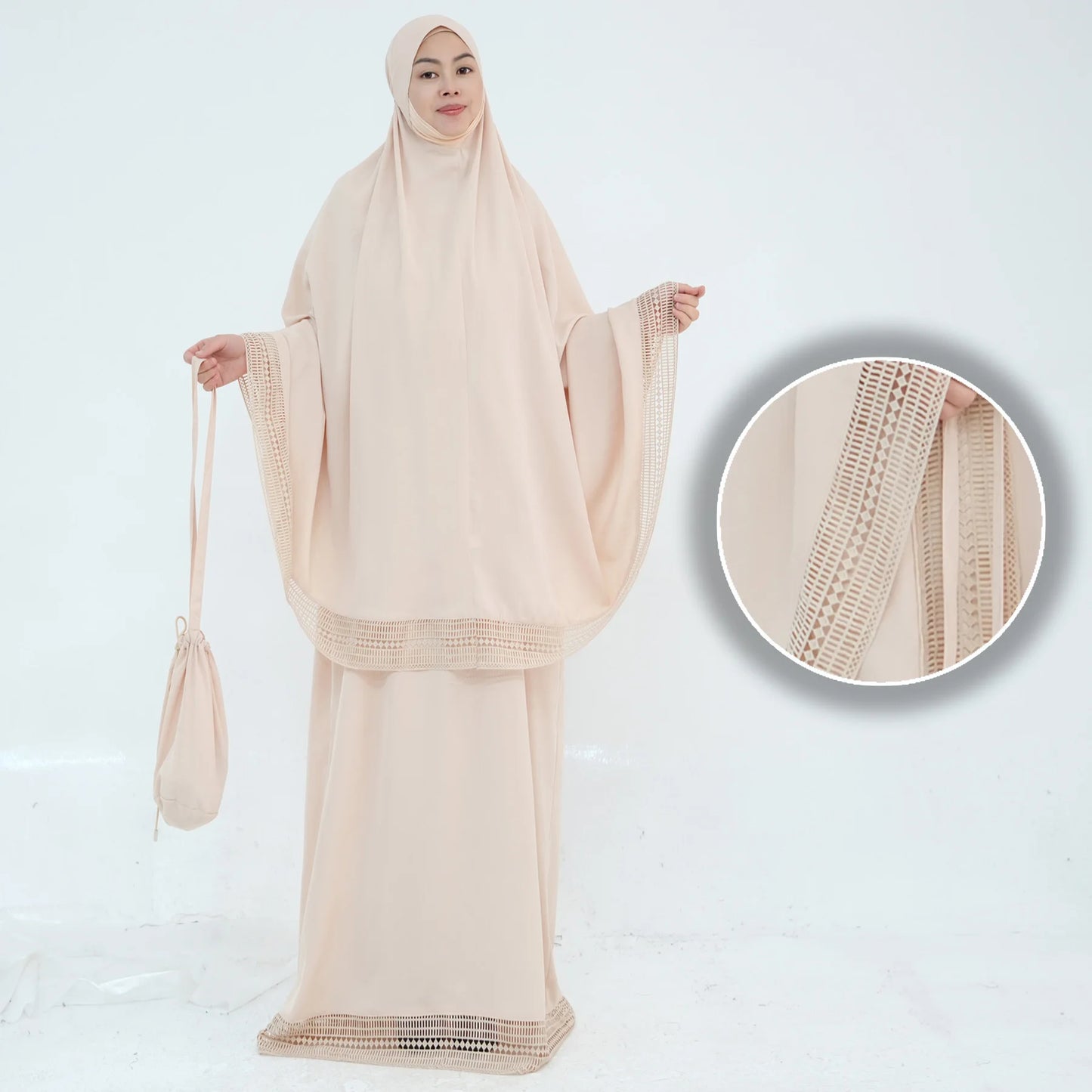 4-Piece Lace Trim Prayer Set - Complete Hijabi Salah Set with Khimar, Skirt, Rug & Pouch | Ramadan