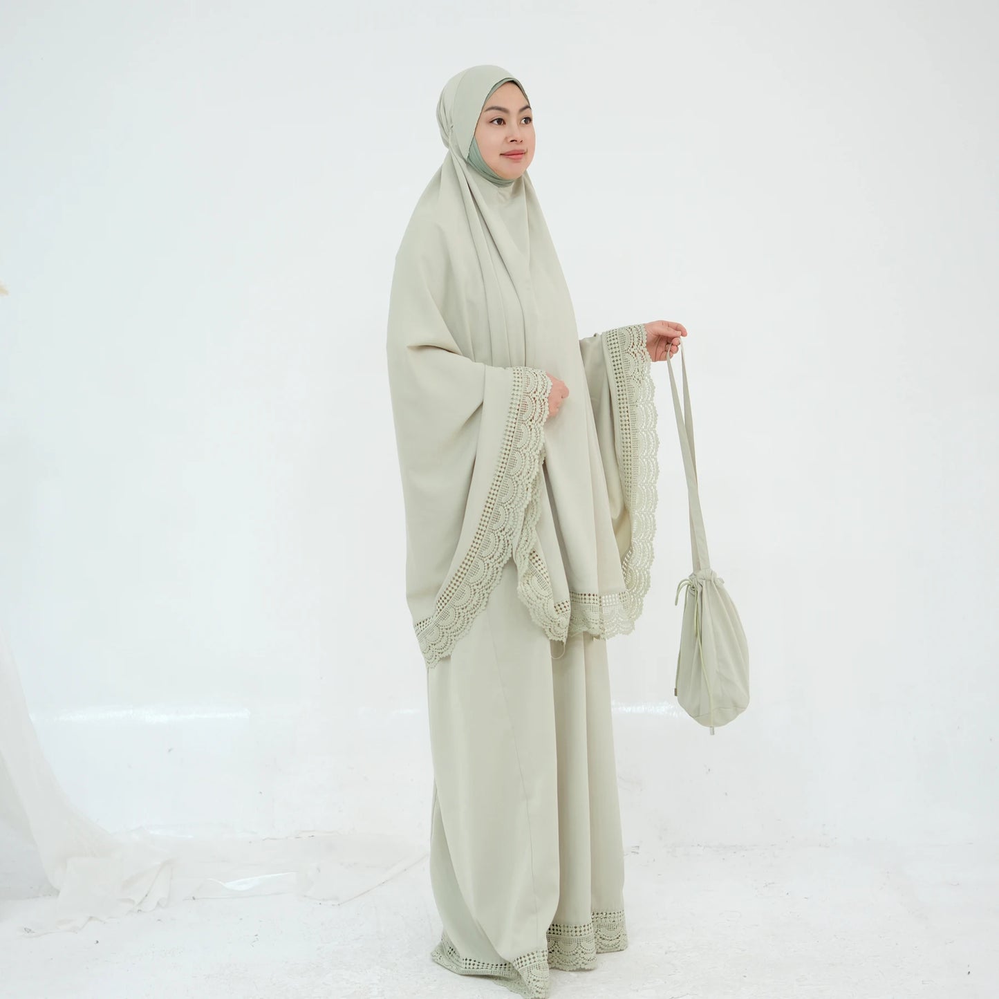 4-Piece Lace Trim Prayer Set - Complete Hijabi Salah Set with Khimar, Skirt, Rug & Pouch | Ramadan