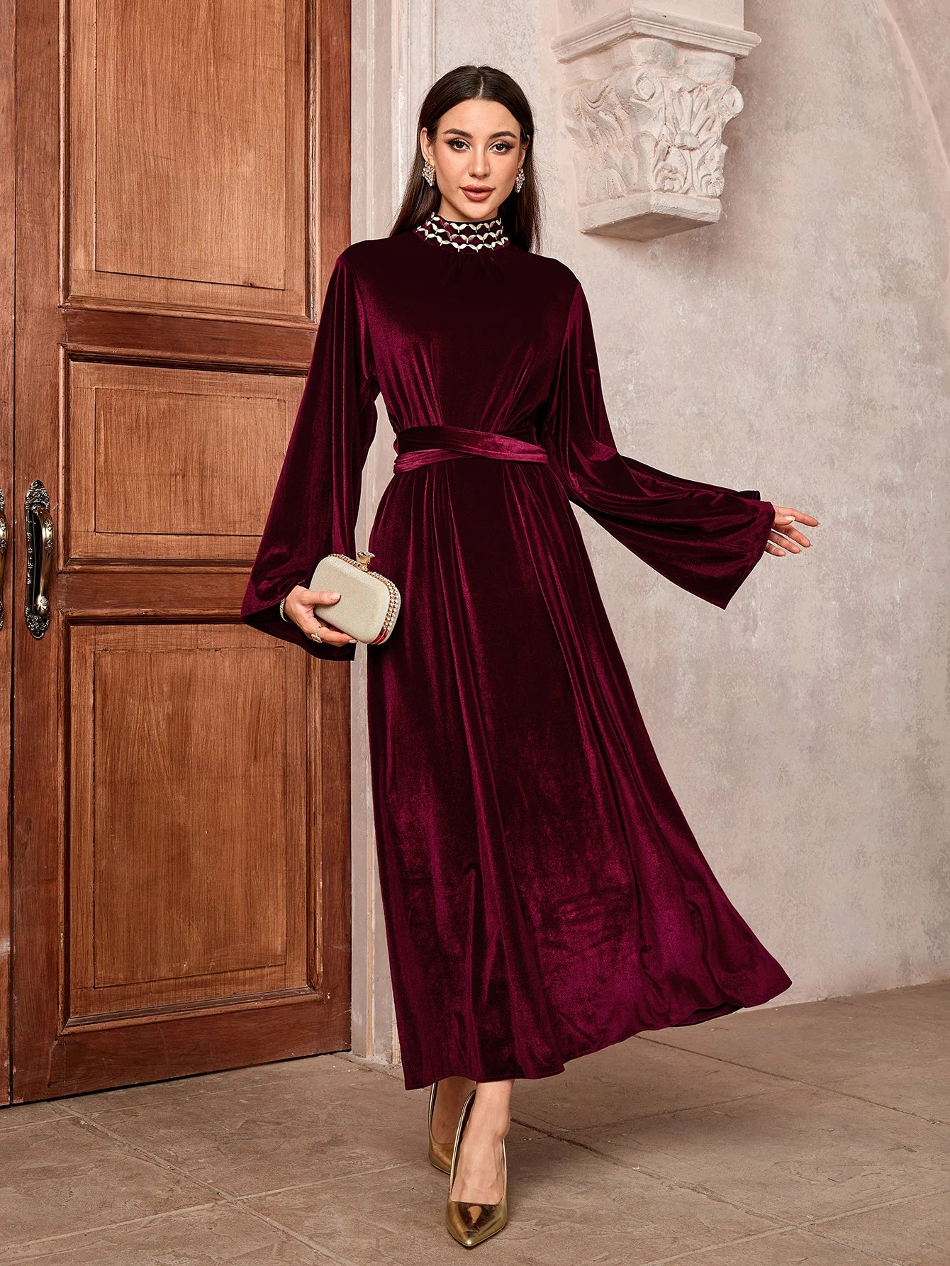 Luxury Velvet Dress with Belt - Embroidered Party Abaya