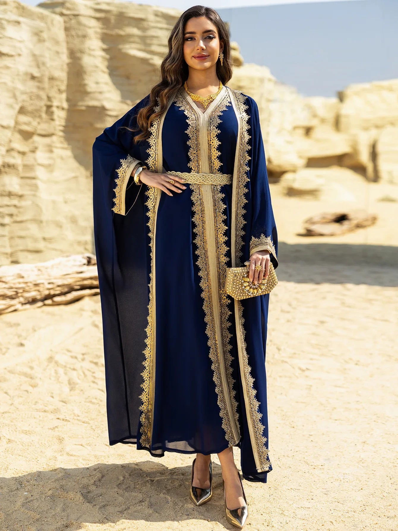 Luxury 2-Piece Kimono Cardigan & Dress Set - Embroidered Abaya