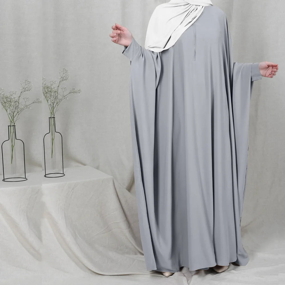 Muslim Women's Zipper Front Abaya - Modest Prayer Dress with Bat Sleeves