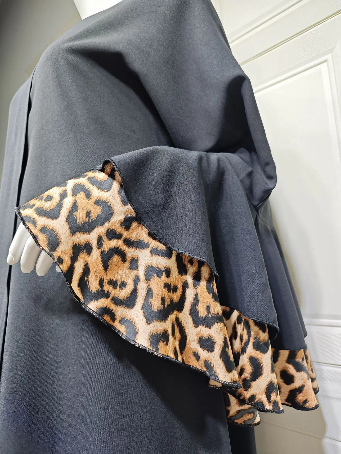 Black Open-Front Abaya with Leopard Print Bell Sleeves