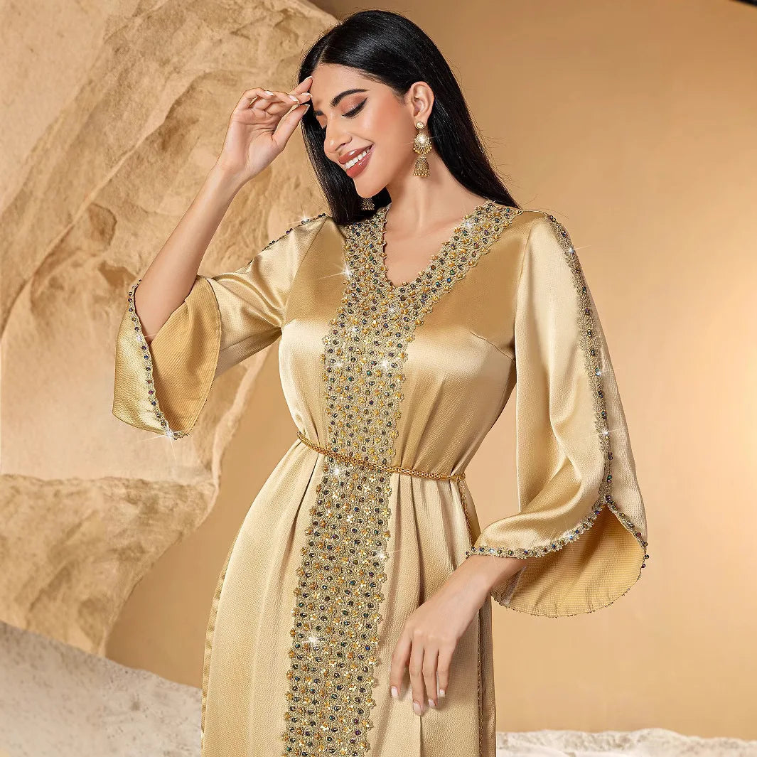 Lace & Diamond Embellished Party Abaya - Elegant Long Robe