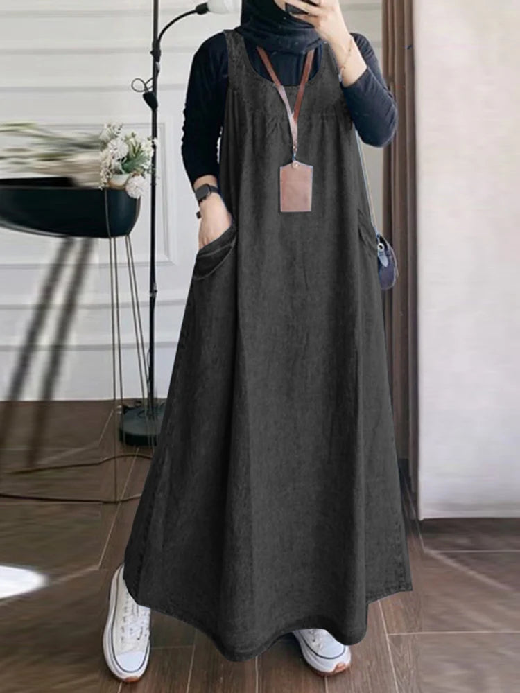 Denim Overall Dress with Pockets - Casual A-Line Maxi