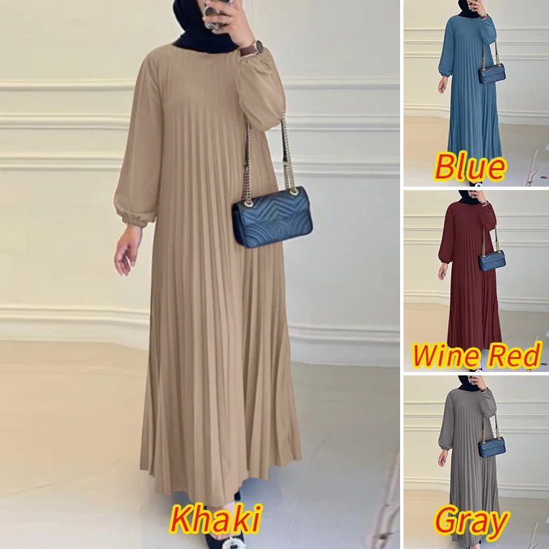 Pleated A-Line Abaya - Modest Long Dress with O-Neck