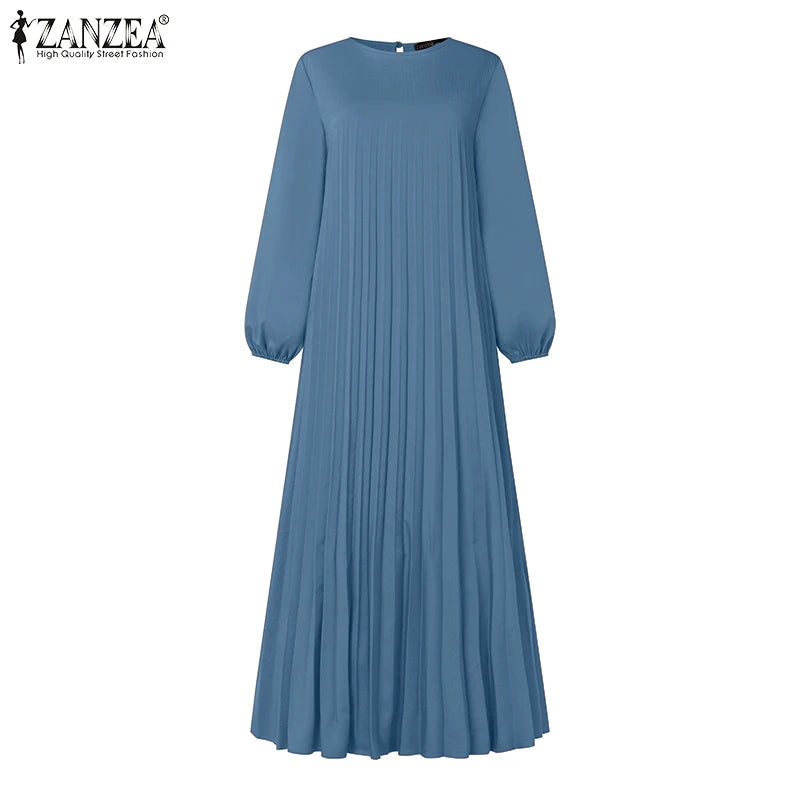 Pleated A-Line Abaya - Modest Long Dress with O-Neck