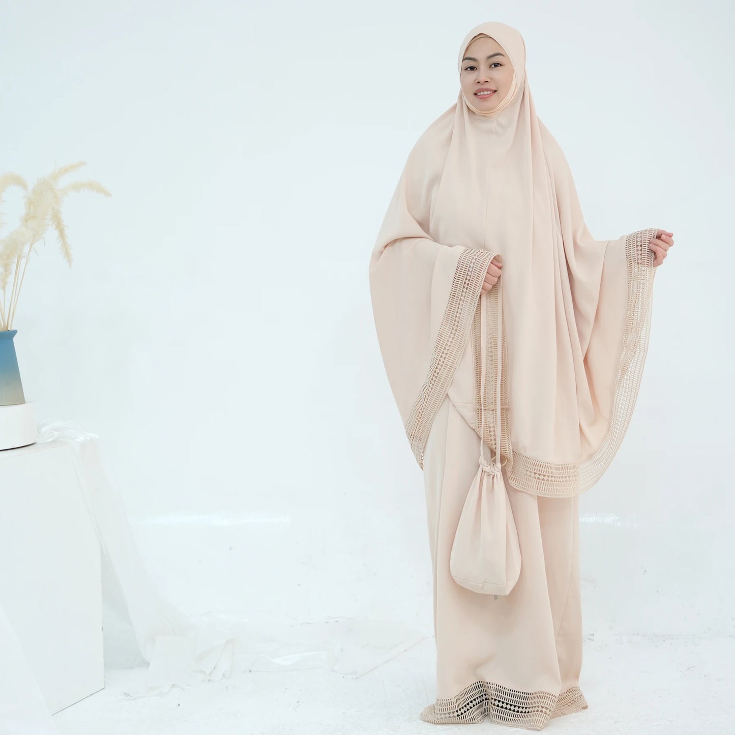 4-Piece Lace Trim Prayer Set - Complete Hijabi Salah Set with Khimar, Skirt, Rug & Pouch | Ramadan