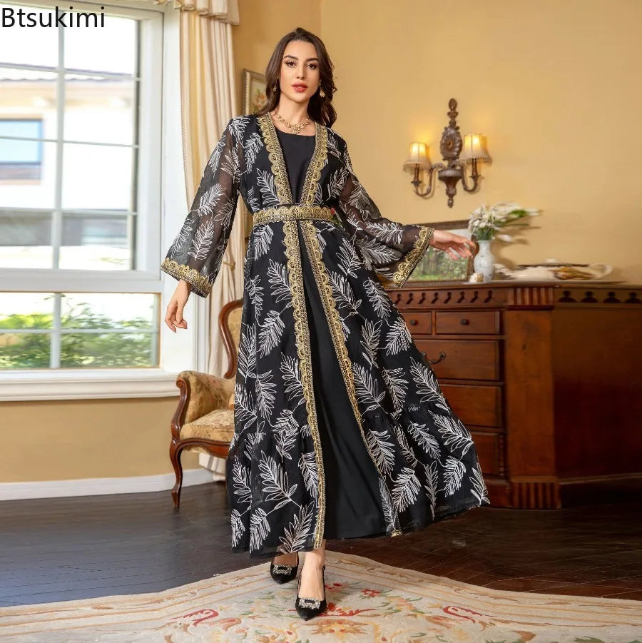2-Piece Mesh Embroidered Muslim Set - Elegant Kaftan Robe Outfit for Women | Summer 2026