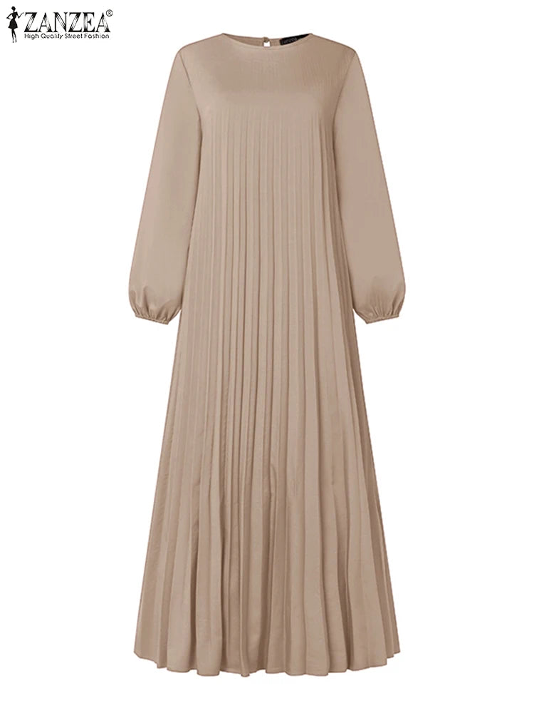 Pleated A-Line Abaya - Modest Long Dress with O-Neck