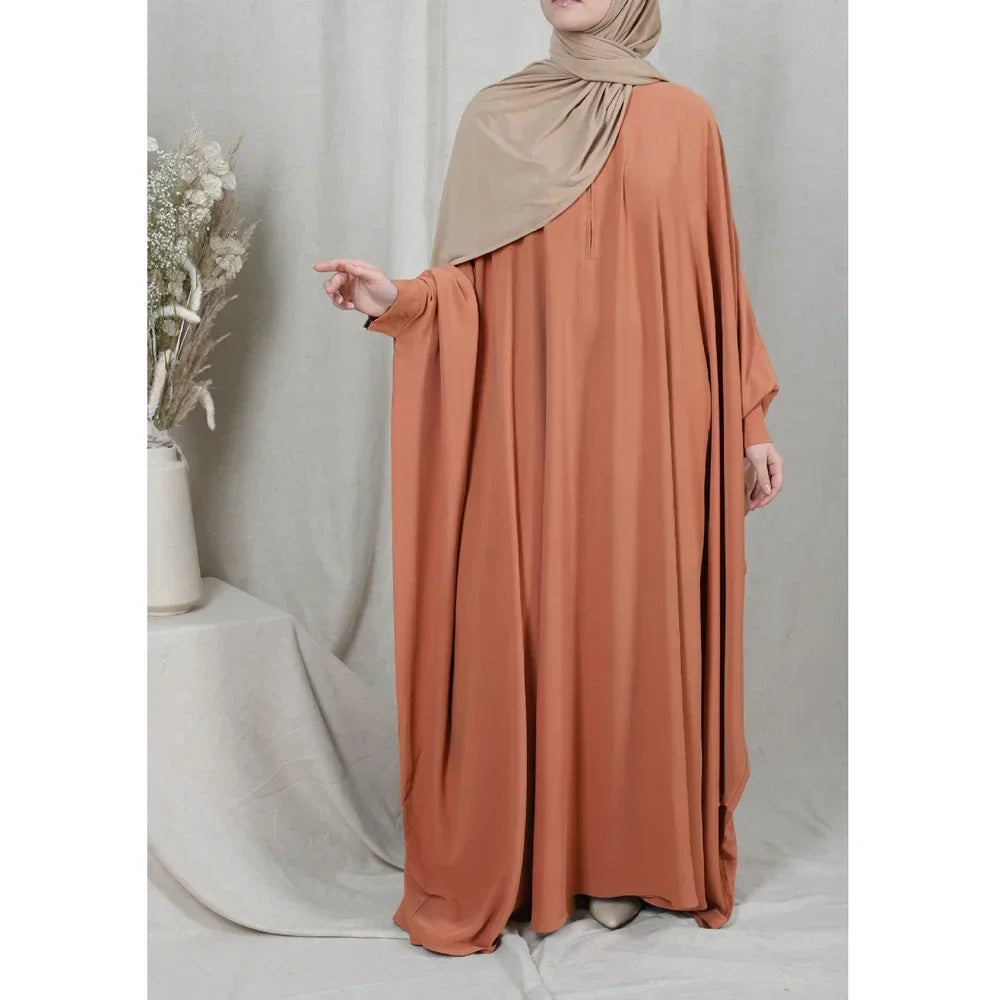 Muslim Women's Zipper Front Abaya - Modest Prayer Dress with Bat Sleeves