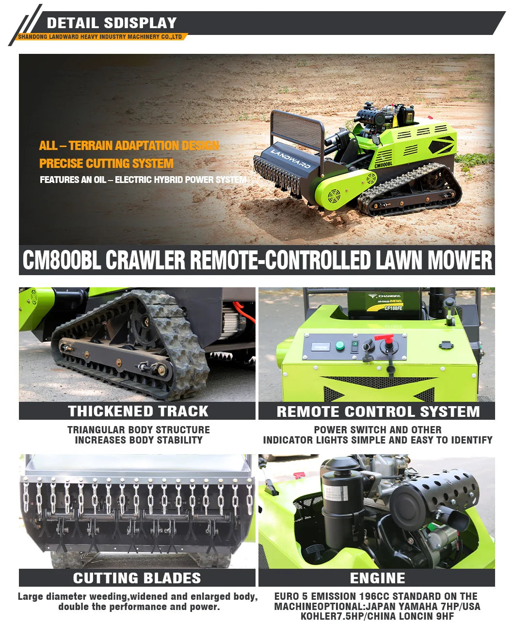 LANDWARD CM800BL Crawler Remote Control Lawn Mower | 10HP Diesel | CE Certified