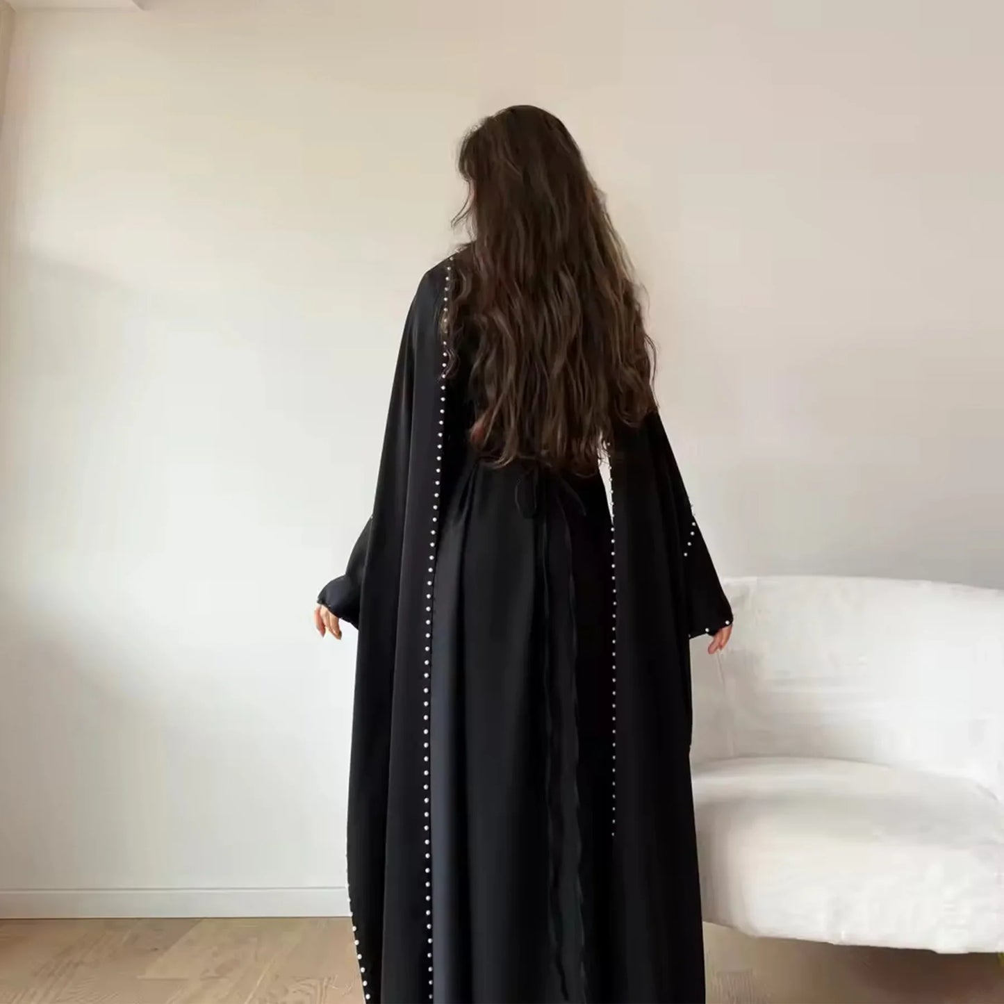 Elegant Beaded Muslim Party Dress - Long Sleeve Abaya Jalabiya for Eid & Ramadan