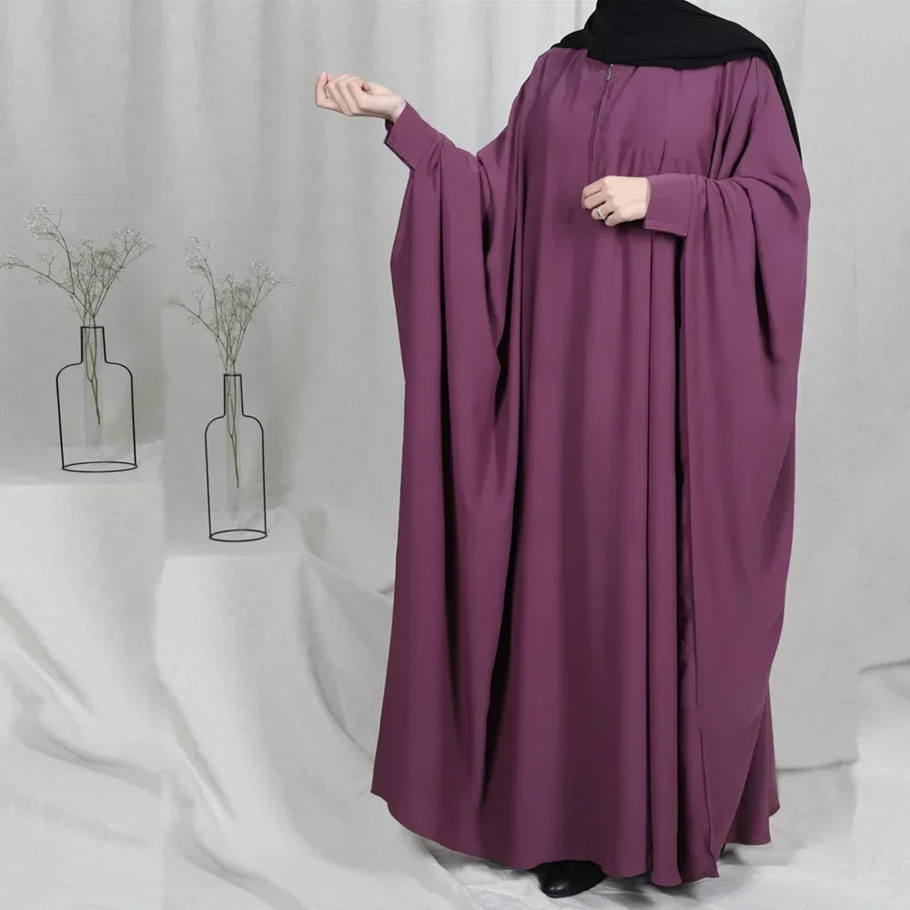 Muslim Women's Zipper Front Abaya - Modest Prayer Dress with Bat Sleeves