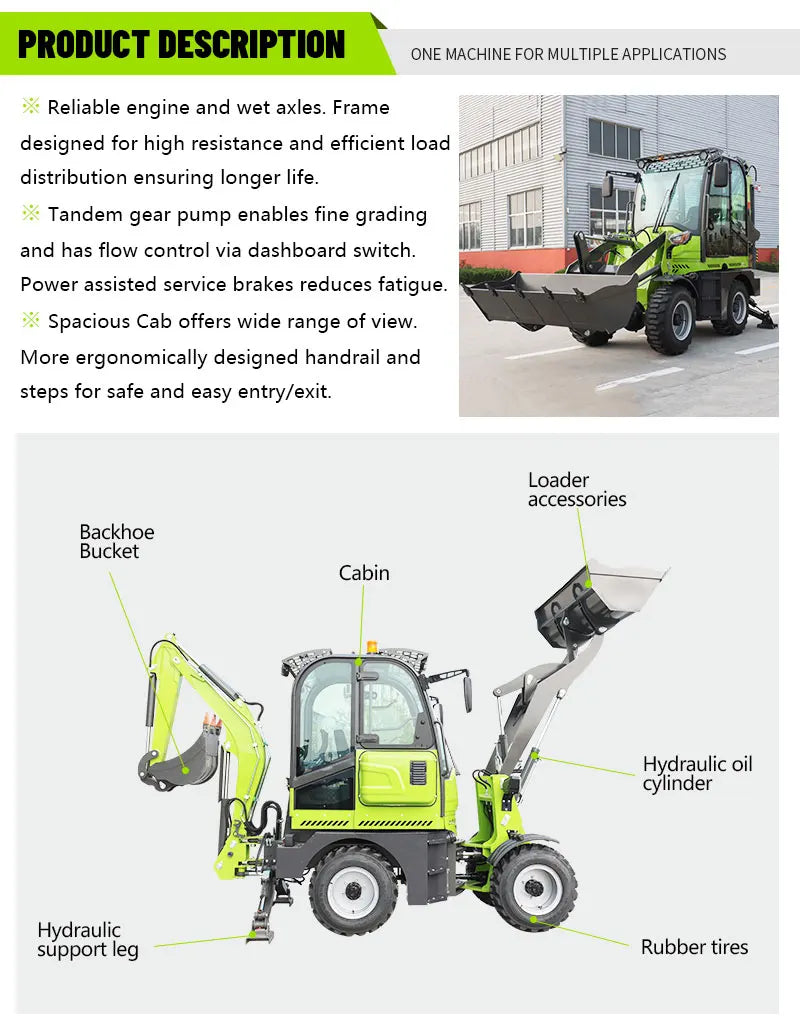 2 Ton Backhoe Loader – 24HP Tractor Excavator with 4-Wheel Drive | Heavy Duty Construction Equipment