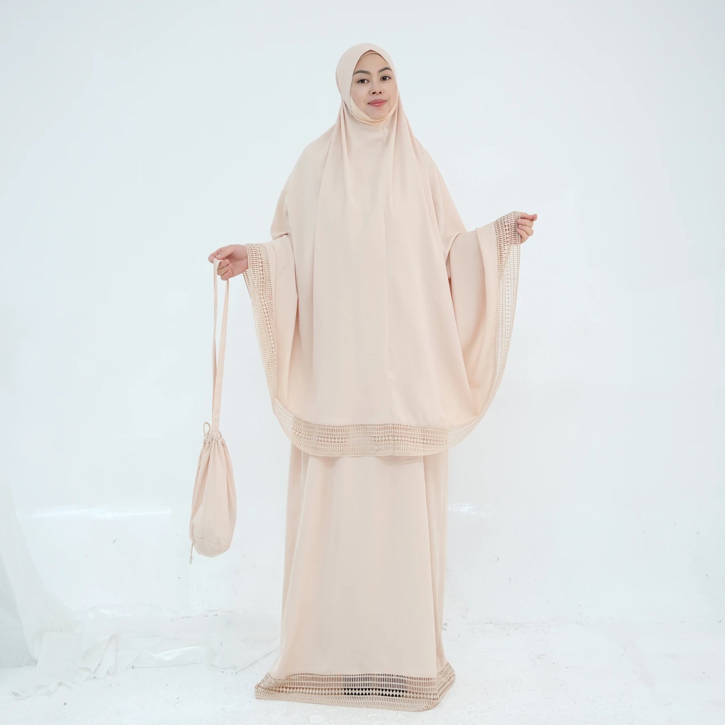 4-Piece Lace Trim Prayer Set - Complete Hijabi Salah Set with Khimar, Skirt, Rug & Pouch | Ramadan