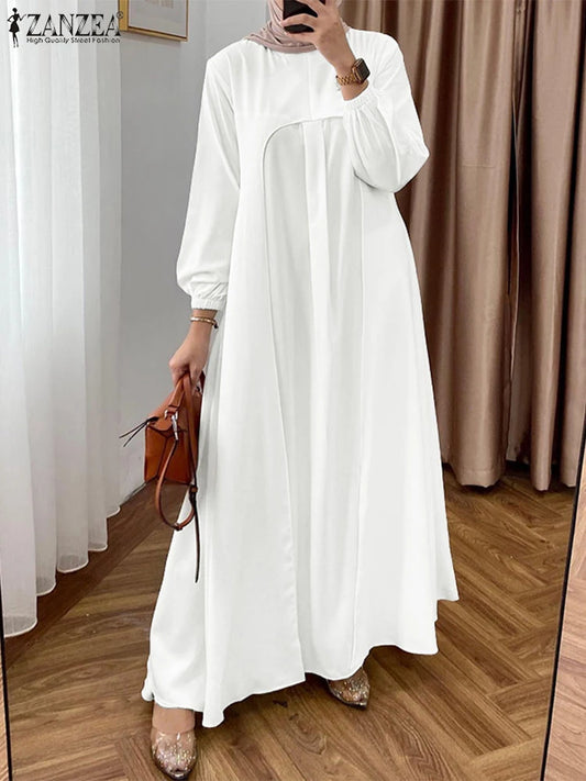 ZANZEA Pleated Muslim Hijab Dress - Elegant Lantern Sleeve Abaya for Women