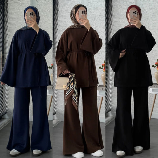 Plain 2-Piece Set - Top & Pants Modest Outfit