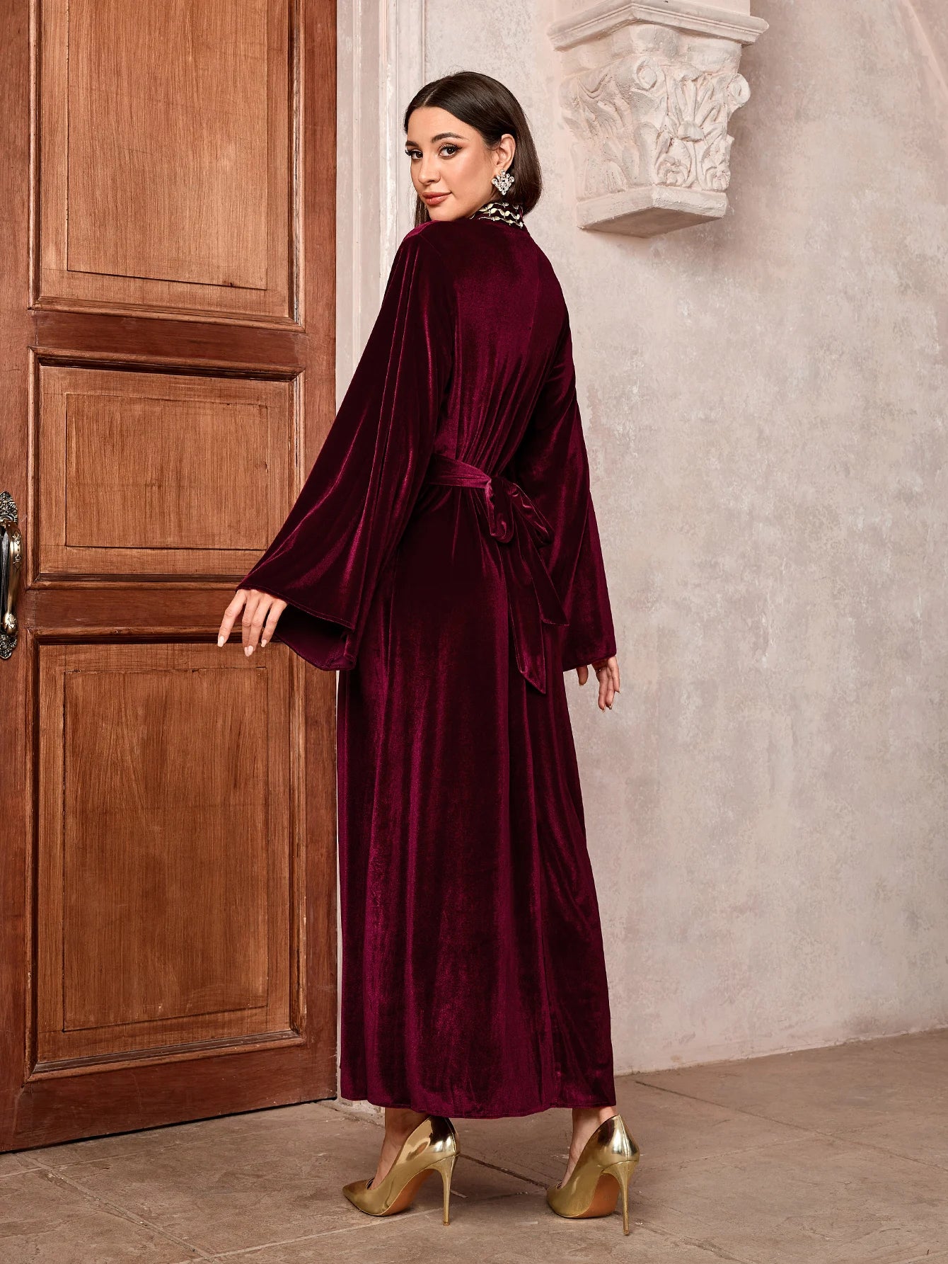 Luxury Velvet Dress with Belt - Embroidered Party Abaya