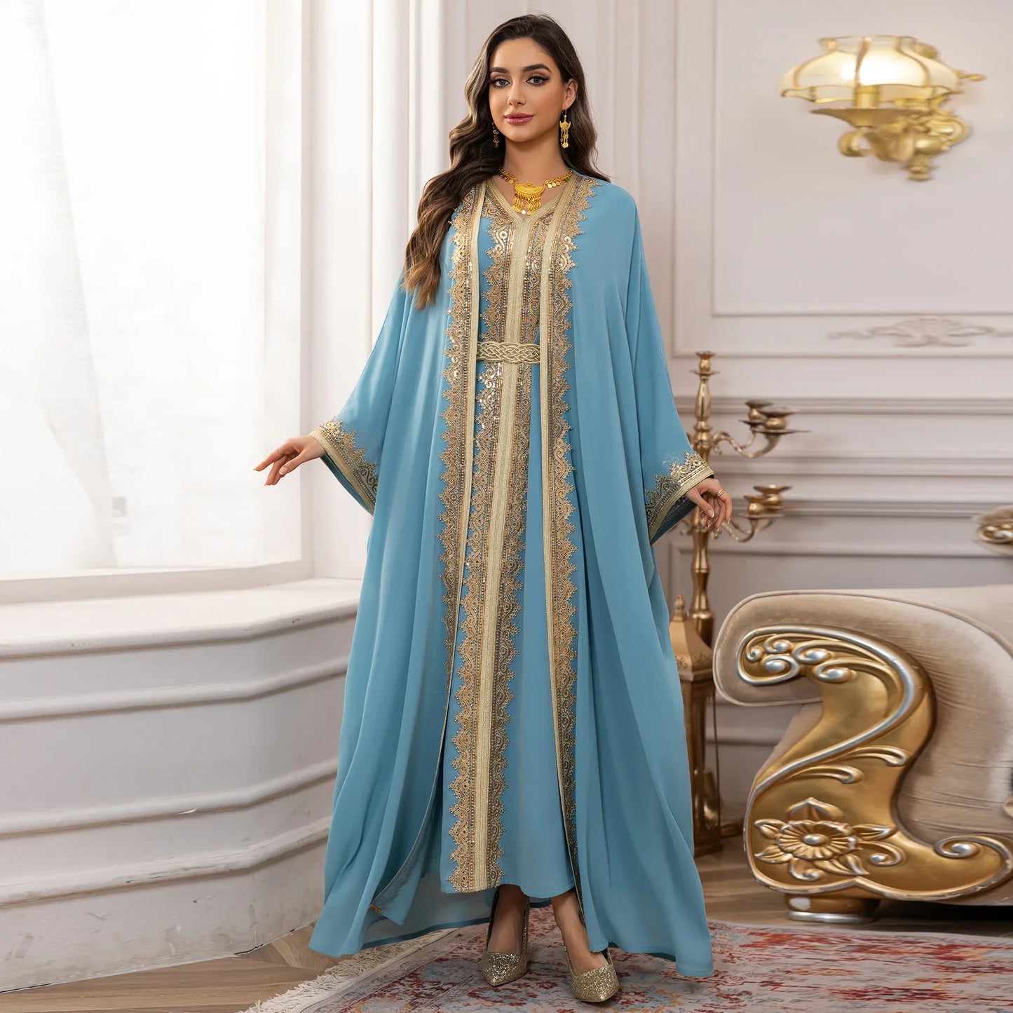 Luxury 2-Piece Kimono Cardigan & Dress Set - Embroidered Abaya