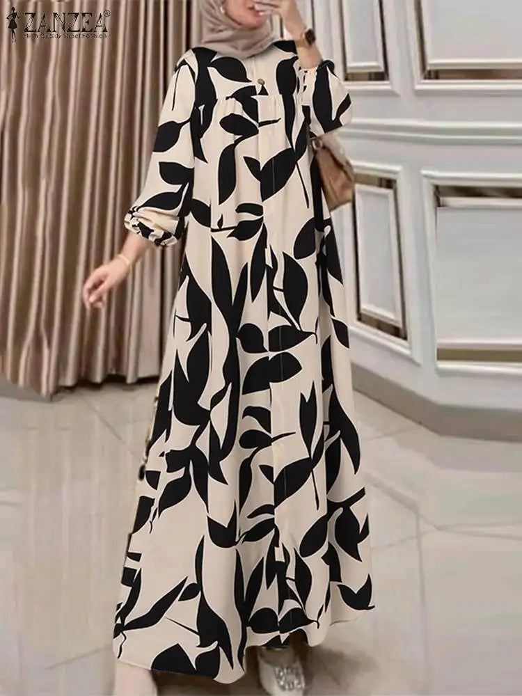 Ruffled Print Abaya - Casual A-Line Maxi Dress