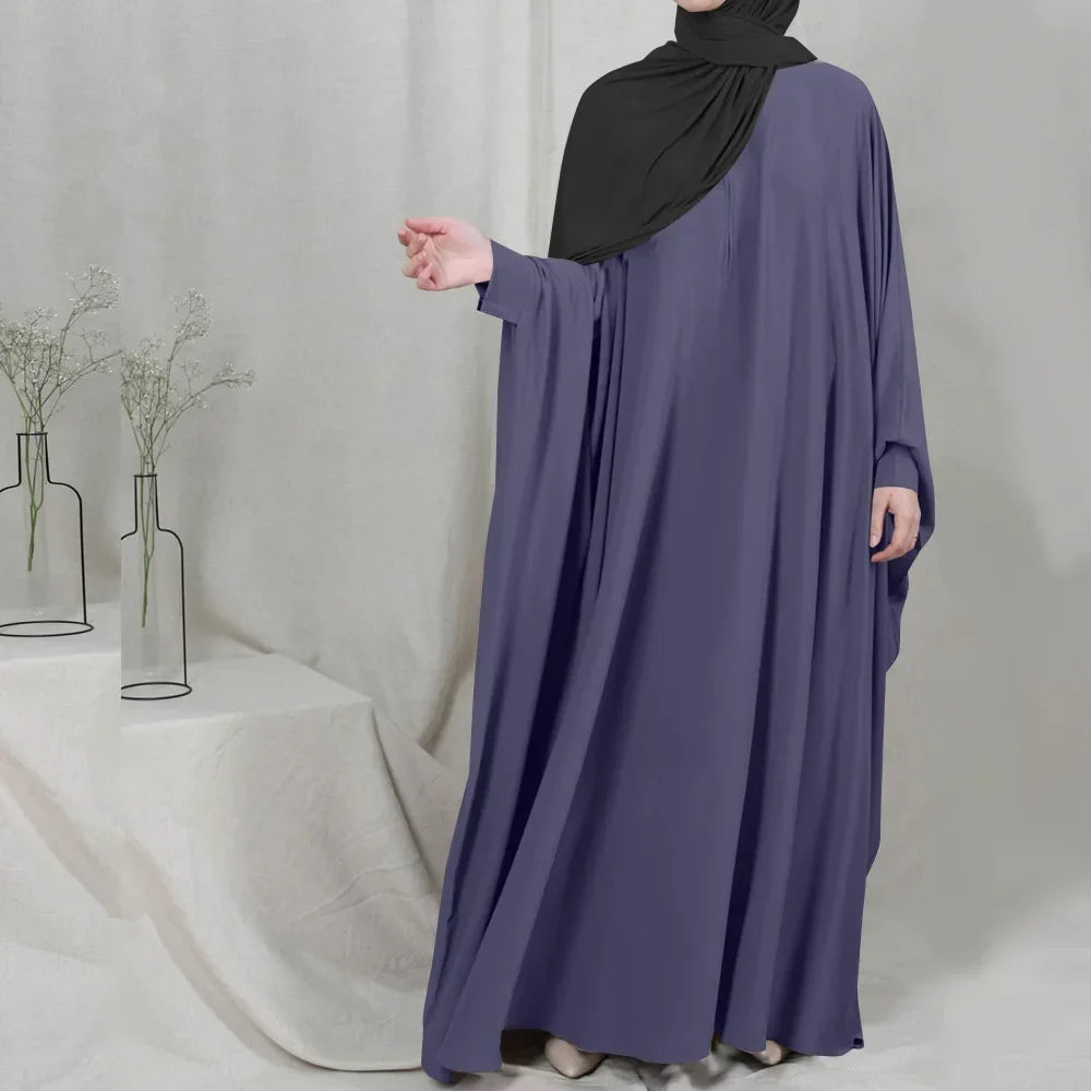 Muslim Women's Zipper Front Abaya - Modest Prayer Dress with Bat Sleeves