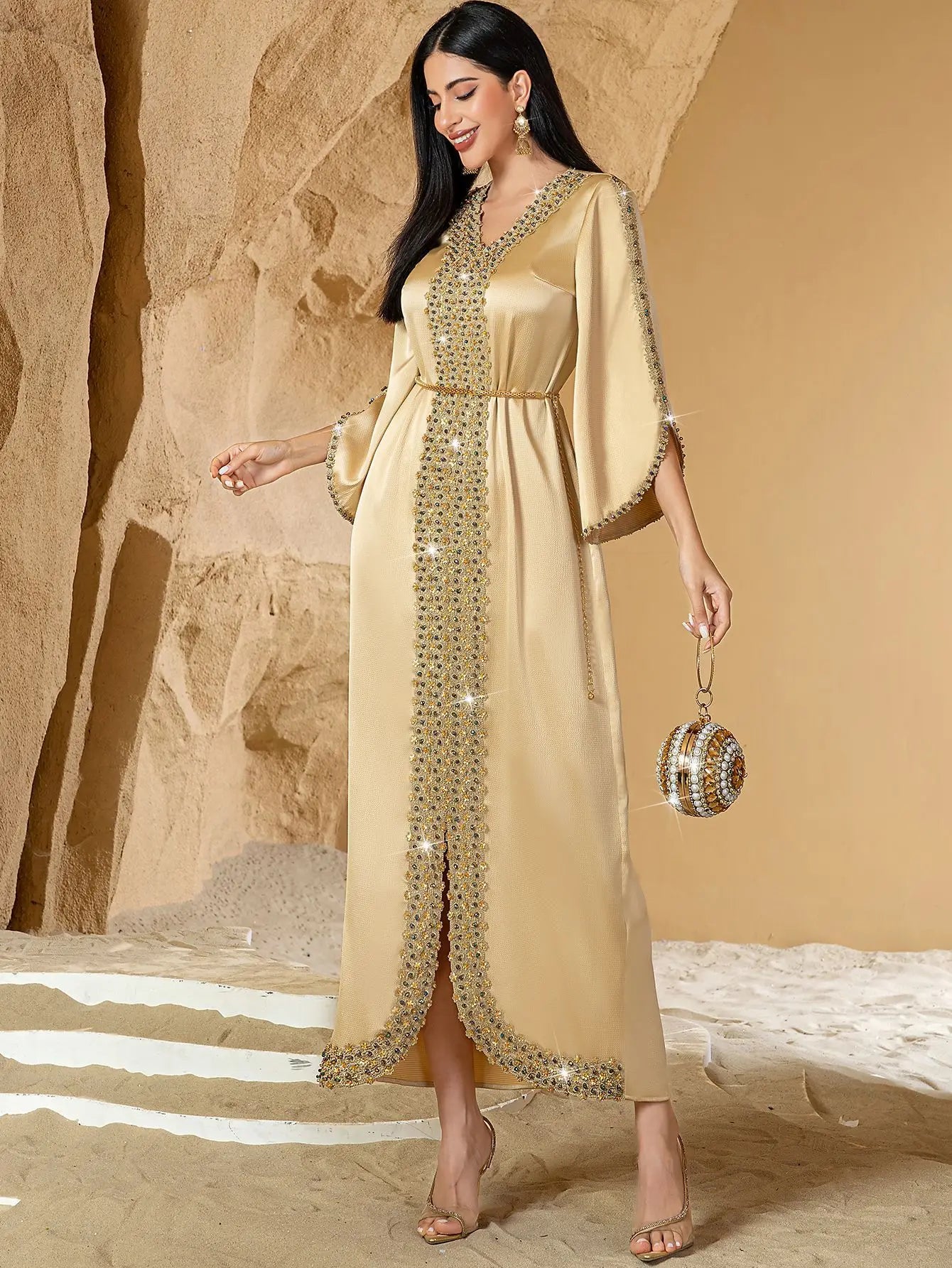 Lace & Diamond Embellished Party Abaya - Elegant Long Robe