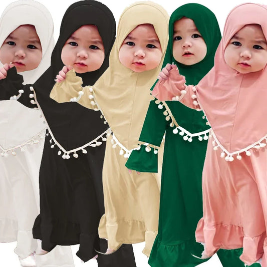 Girls 2-Piece Flower Hijab & Prayer Dress Set - Kids Abaya