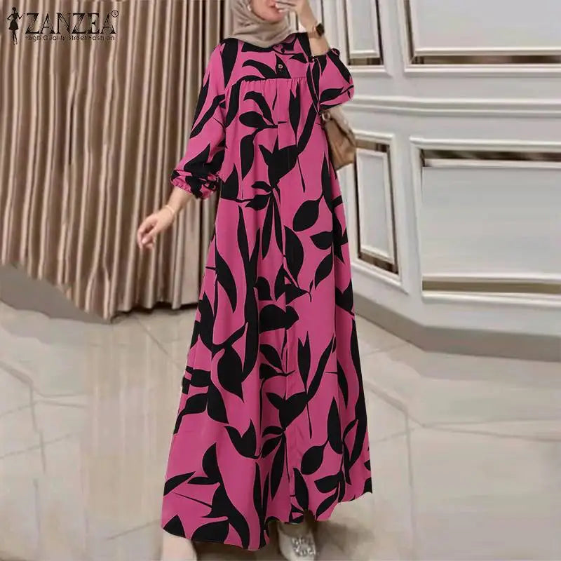 Ruffled Print Abaya - Casual A-Line Maxi Dress